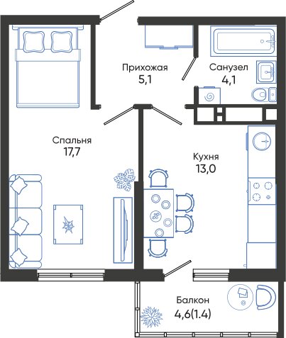 41,3 м², 1-комнатная квартира 7 840 805 ₽ - изображение 1