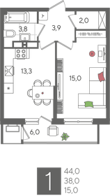 Квартира 44 м², 1-комнатная - изображение 2