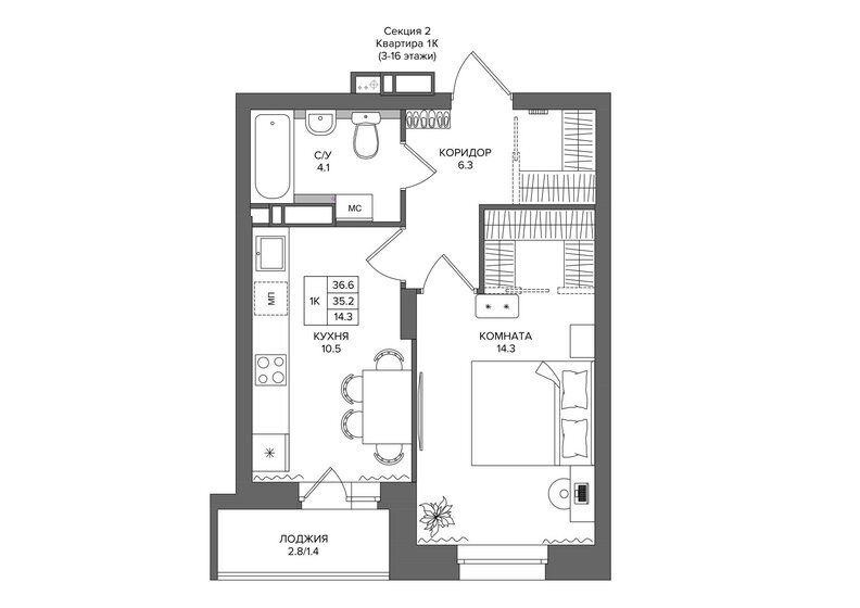 36,6 м², 1-комнатная квартира 4 650 000 ₽ - изображение 1