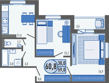 Квартира 60,6 м², 2-комнатная - изображение 1