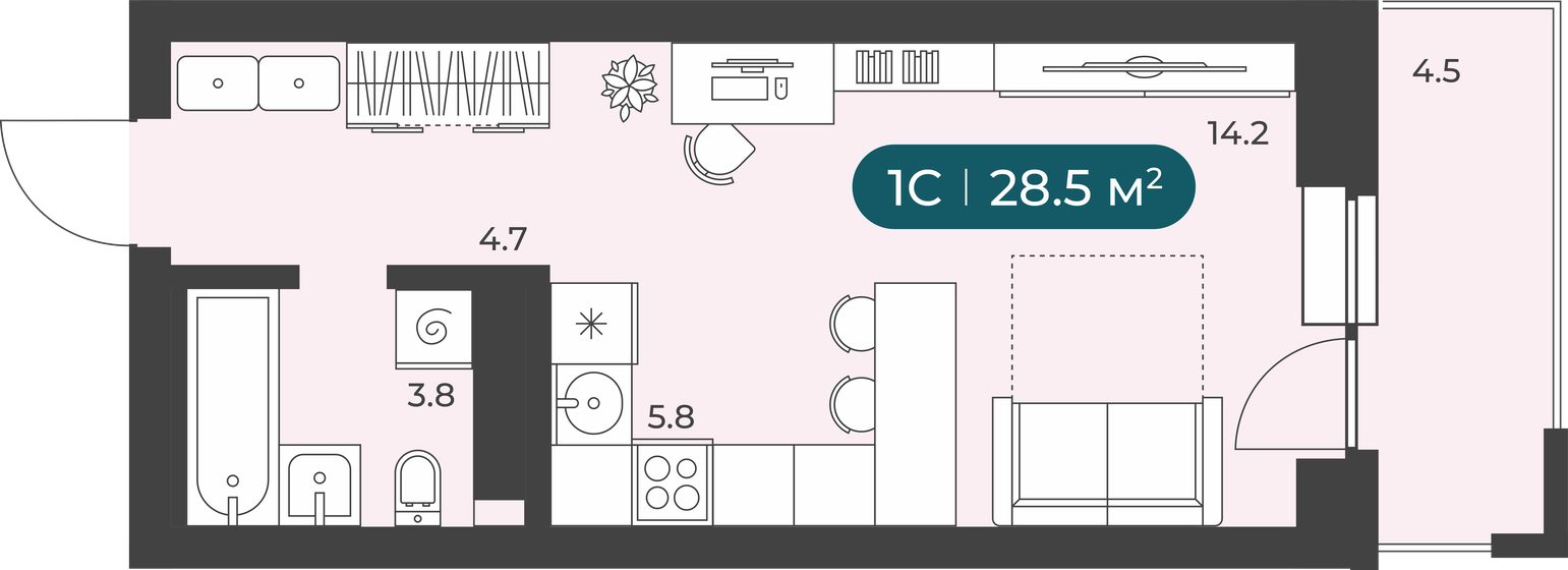 28,5 м², 1-комнатная квартира 3 890 000 ₽ - изображение 1