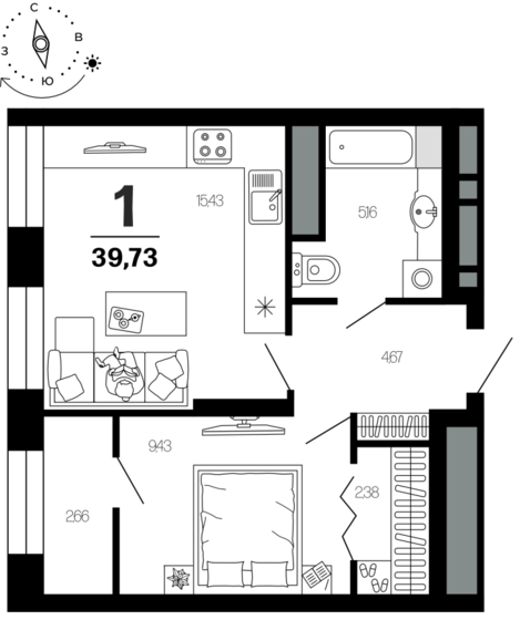 39,7 м², 1-комнатная квартира 4 662 400 ₽ - изображение 1