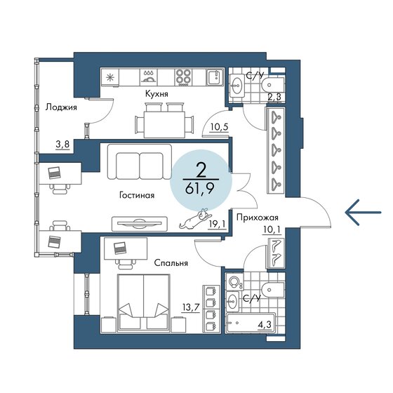 61,9 м², 2-комнатная квартира 10 461 100 ₽ - изображение 1