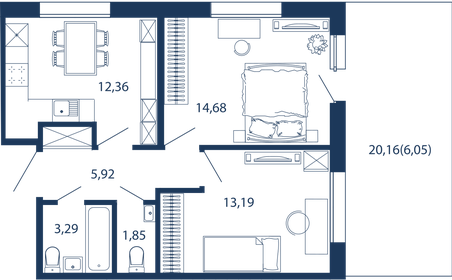 Квартира 57,3 м², 2-комнатные - изображение 1