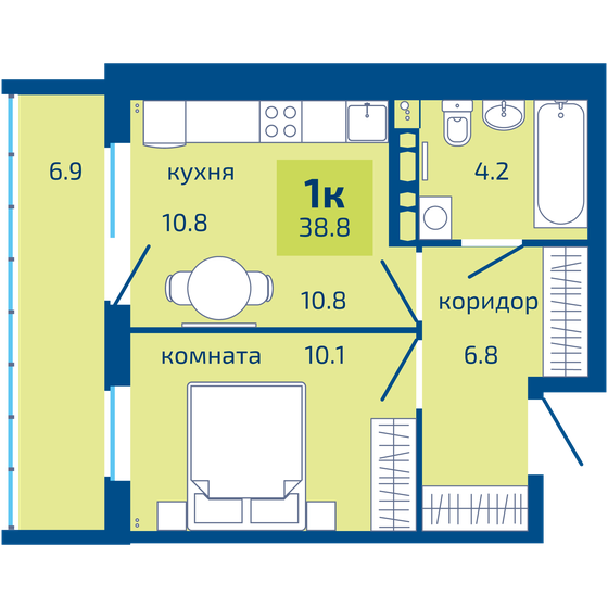 38,8 м², 1-комнатная квартира 3 990 000 ₽ - изображение 1