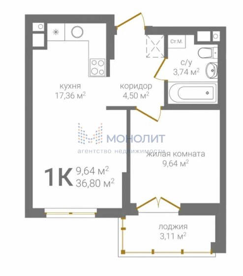 51,2 м², 1-комнатная квартира 11 862 720 ₽ - изображение 1