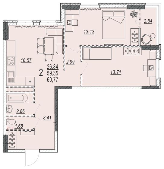 60,8 м², 2-комнатная квартира 5 712 380 ₽ - изображение 1