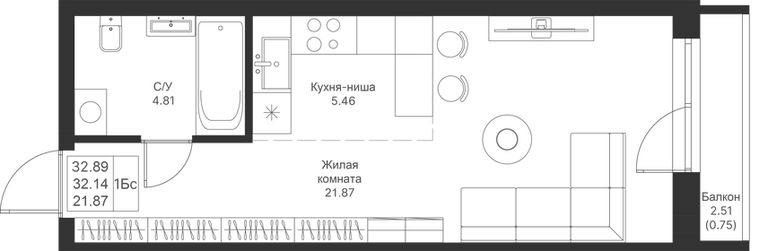 Квартира 32,9 м², студия - изображение 1