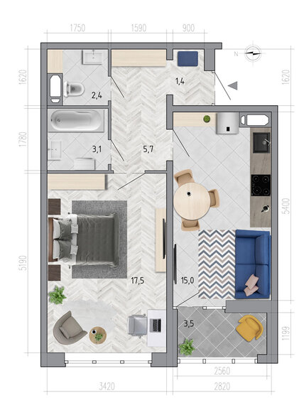 42,8 м², 1-комнатная квартира 3 832 740 ₽ - изображение 1