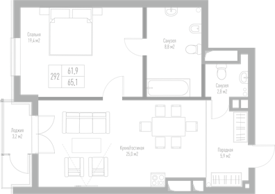 Квартира 65,1 м², 1-комнатная - изображение 1