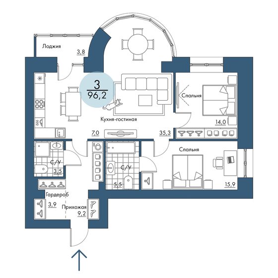 96,2 м², 3-комнатная квартира 17 797 000 ₽ - изображение 1