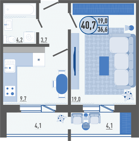 Квартира 40,9 м², 1-комнатная - изображение 1