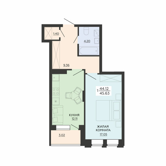 45,6 м², 1-комнатная квартира 5 749 380 ₽ - изображение 1