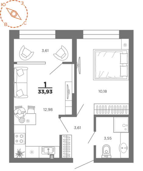 33,9 м², 1-комнатная квартира 5 214 634 ₽ - изображение 1