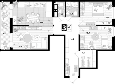 68,6 м², 3-комнатная квартира 8 000 000 ₽ - изображение 64