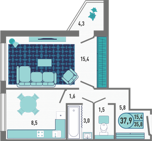 Квартира 37,9 м², 1-комнатная - изображение 1