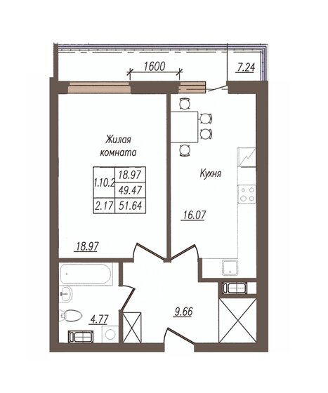 51,6 м², 1-комнатная квартира 4 560 070 ₽ - изображение 1