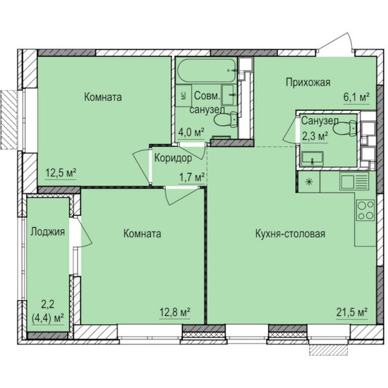 63,1 м², 2-комнатная квартира 5 511 000 ₽ - изображение 1