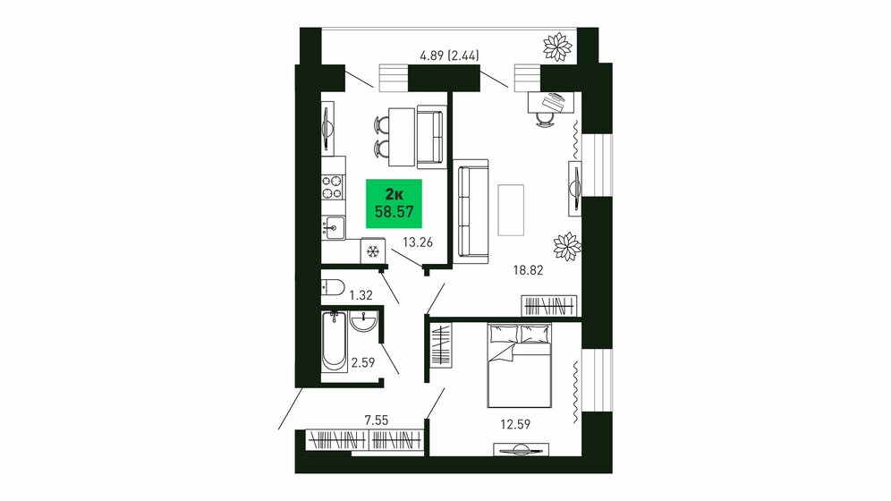58,6 м², 2-комнатная квартира 5 095 590 ₽ - изображение 1