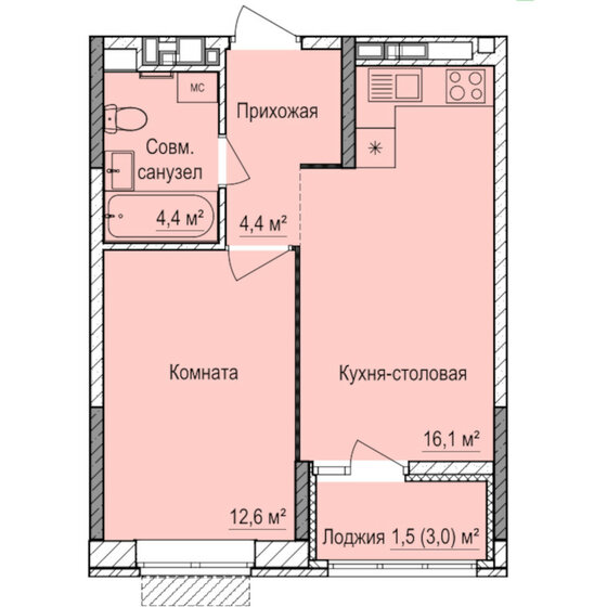 39 м², 1-комнатная квартира 3 974 000 ₽ - изображение 1