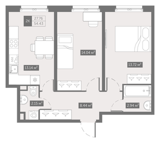 Квартира 54,4 м², 2-комнатные - изображение 1