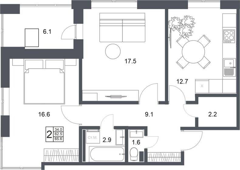 65,6 м², 2-комнатная квартира 6 579 680 ₽ - изображение 1