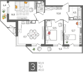 Квартира 90,9 м², 3-комнатная - изображение 2