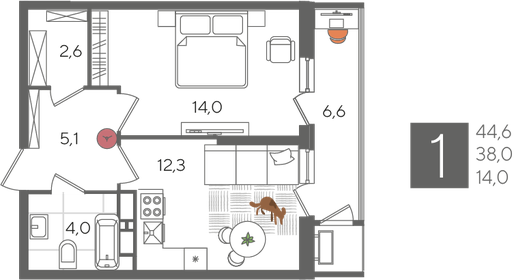 Квартира 44,6 м², 1-комнатная - изображение 2