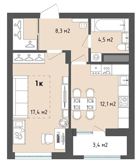 44 м², 1-комнатная квартира 5 454 680 ₽ - изображение 1