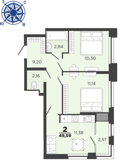 49,6 м², 2-комнатная квартира 6 006 440 ₽ - изображение 1