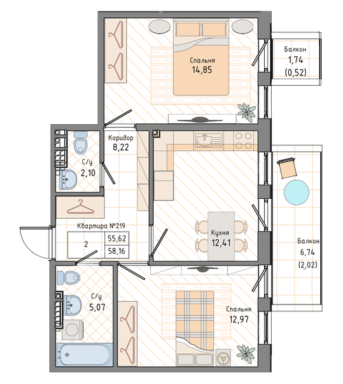 58,2 м², 2-комнатная квартира 22 100 000 ₽ - изображение 1