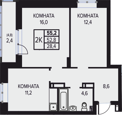 55,2 м², 2-комнатная квартира 7 050 000 ₽ - изображение 1