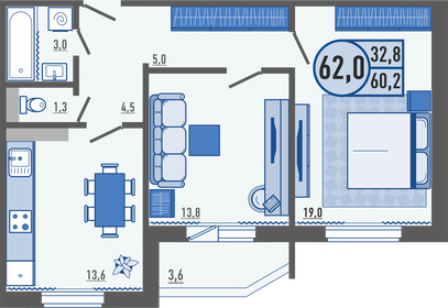 Квартира 61,9 м², 2-комнатная - изображение 1