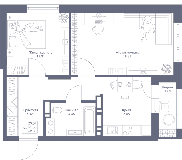 52,9 м², 2-комнатная квартира 10 836 300 ₽ - изображение 26