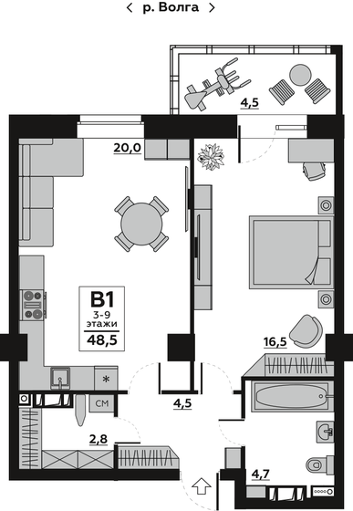 48,5 м², 1-комнатная квартира 6 300 000 ₽ - изображение 1