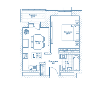 Квартира 37,3 м², 1-комнатная - изображение 1