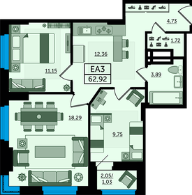 Квартира 62,9 м², 3-комнатная - изображение 1