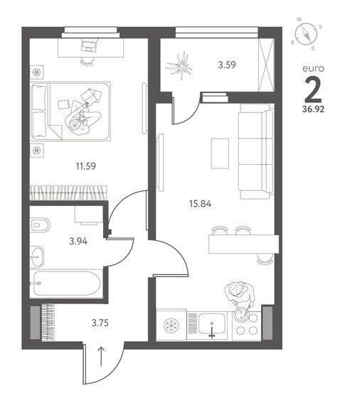 36,9 м², 1-комнатная квартира 4 245 800 ₽ - изображение 1