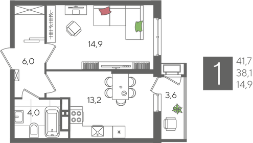 41,7 м², 1-комнатная квартира 7 718 670 ₽ - изображение 5