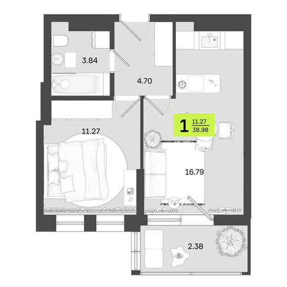 39 м², 1-комнатная квартира 6 431 700 ₽ - изображение 1