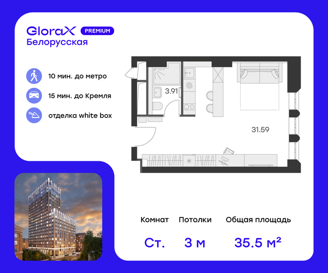 35,5 м², апартаменты-студия 21 290 000 ₽ - изображение 1