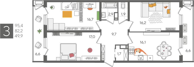 95,5 м², 3-комнатная квартира 16 244 550 ₽ - изображение 19