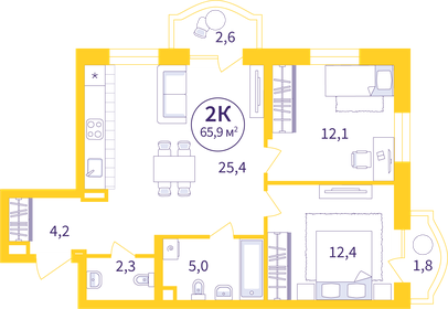 Квартира 62,8 м², 2-комнатная - изображение 1