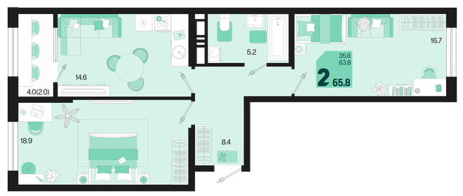 65,8 м², 2-комнатная квартира 8 527 680 ₽ - изображение 14