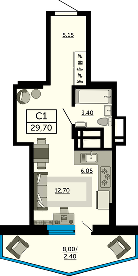 29,7 м², квартира-студия 5 078 700 ₽ - изображение 1