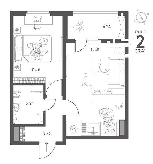 39,4 м², 1-комнатная квартира 4 571 560 ₽ - изображение 1