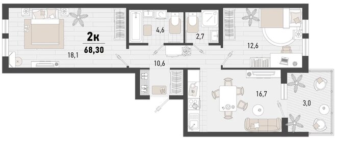 Квартира 68,3 м², 2-комнатная - изображение 1