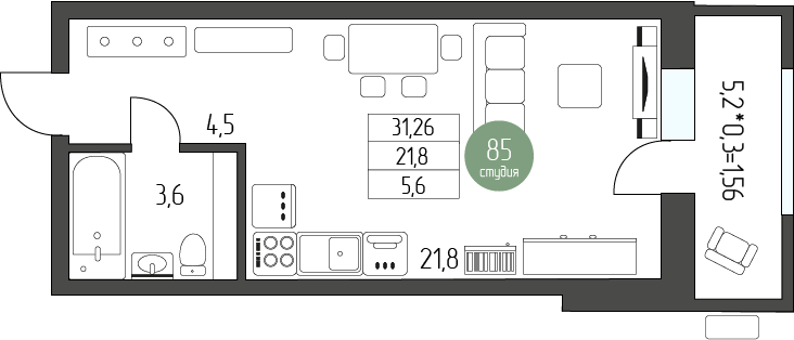 35,2 м², квартира-студия 5 095 380 ₽ - изображение 1