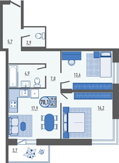 70,1 м², 2-комнатная квартира 6 182 820 ₽ - изображение 1