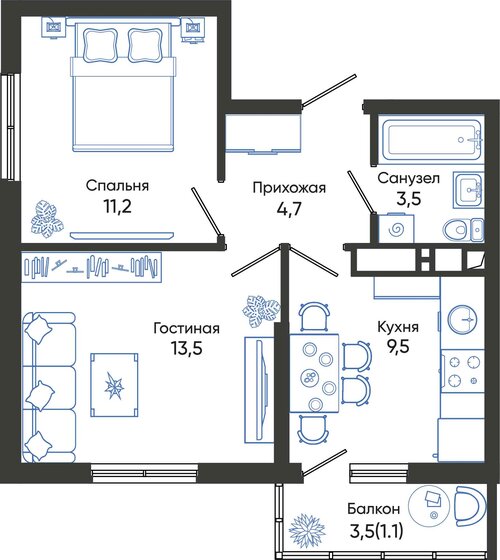 43,5 м², 2-комнатная квартира 8 586 900 ₽ - изображение 1